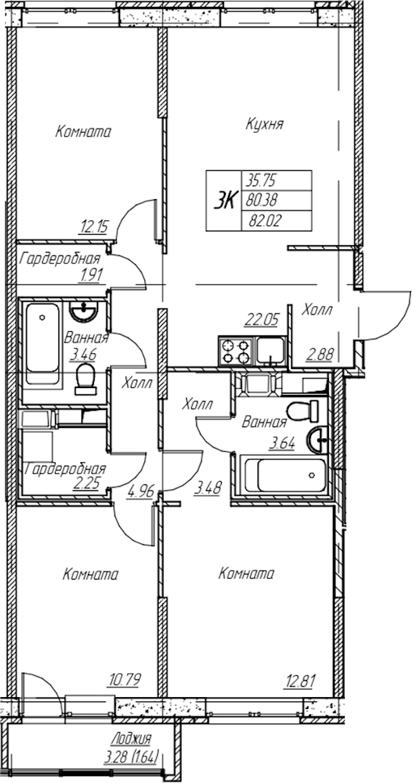 3-комнатная квартира 82.02 м², 5/22 эт., ЖК «Парк-квартал Юнтолово»